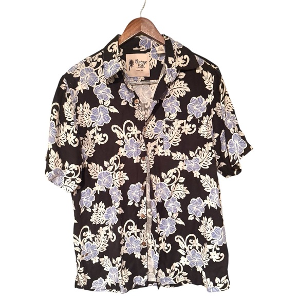 Vintage Silk MENS Silk Linen Floral Button Front Hawaiian Shirt Black Medium - Picture 1 of 6